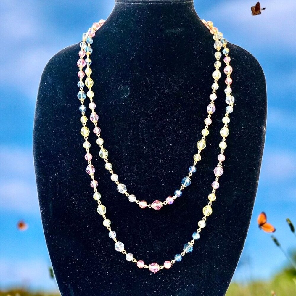 Joan Rivers Necklace Faceted Glass Crystal Beads 58" Long Pink Blue Green